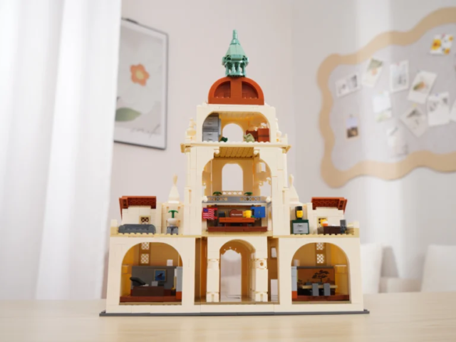 Civic Hall model with flower beds and outdoor benches