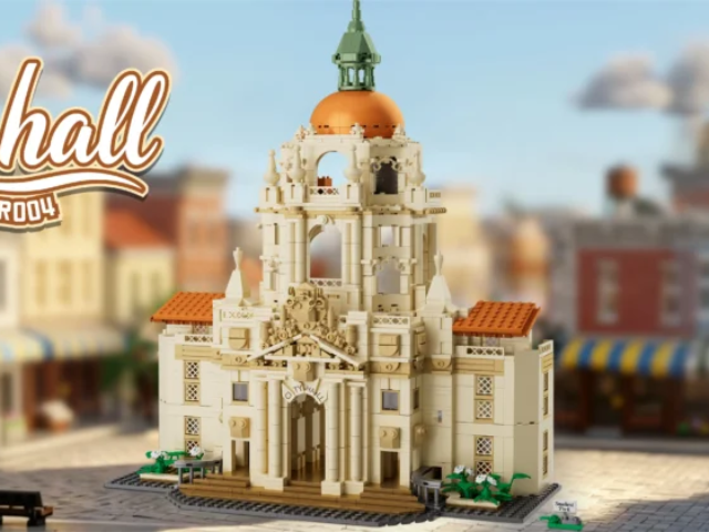Detailed Grand Civic Hall brick model with dome columns and landscaped plaza