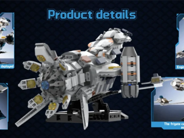 Deep-space cargo freighter building model displayed on a black stand