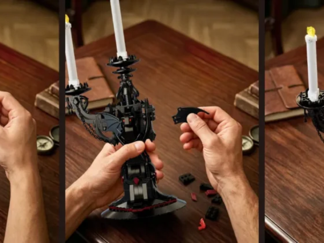 Adult building the Gothic dark aesthetic batwing candelabra brick model