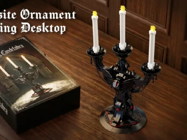 Builder attaching a batwing piece to the Gothic candelabra construction model