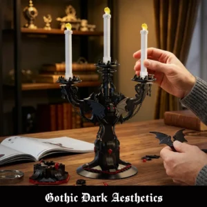 Completed Gothic batwing candelabra building block model displayed with its box