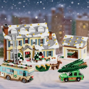 Snow-covered roof with holiday lights on the Christmas house model