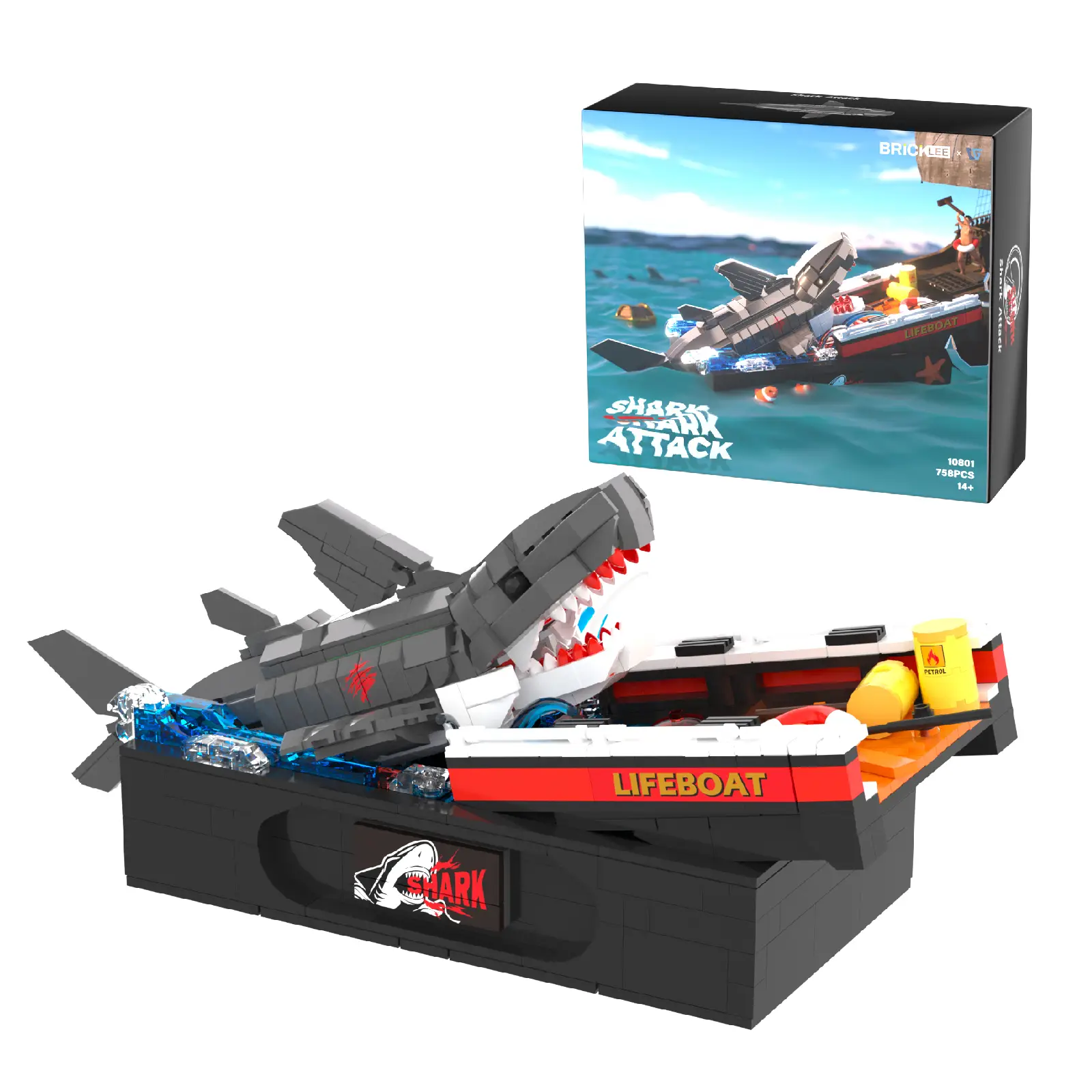 Large gray shark attacking a red and white lifeboat brick model
