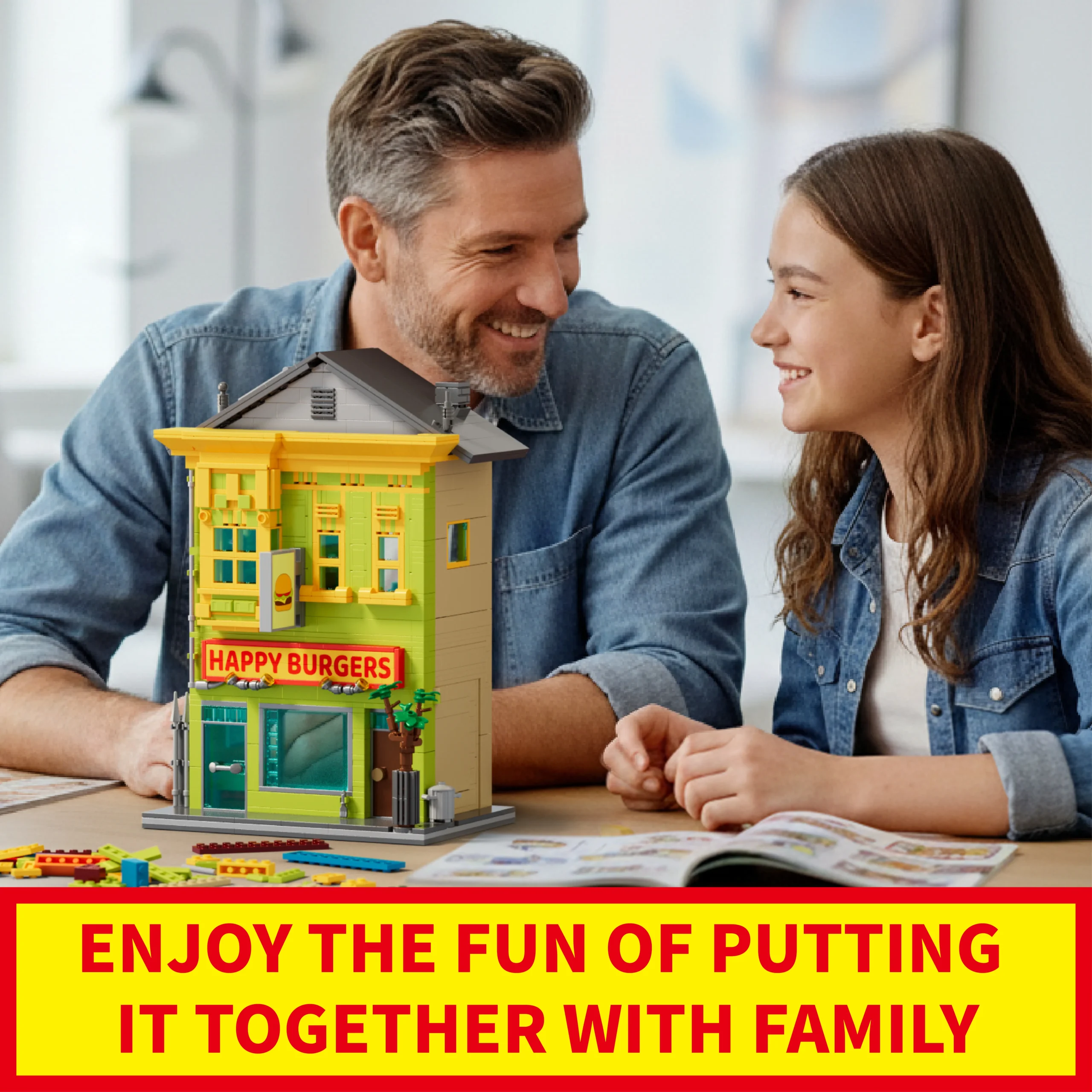 Two-story Happy Burgers shop building set with green and yellow exterior