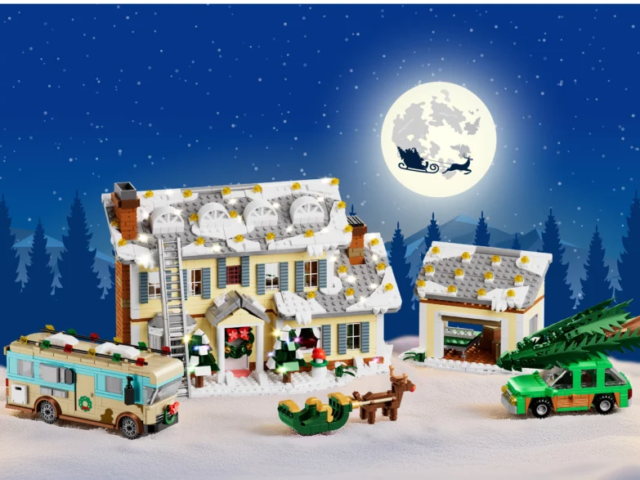 Complete snowy Christmas house scene with camper and family car